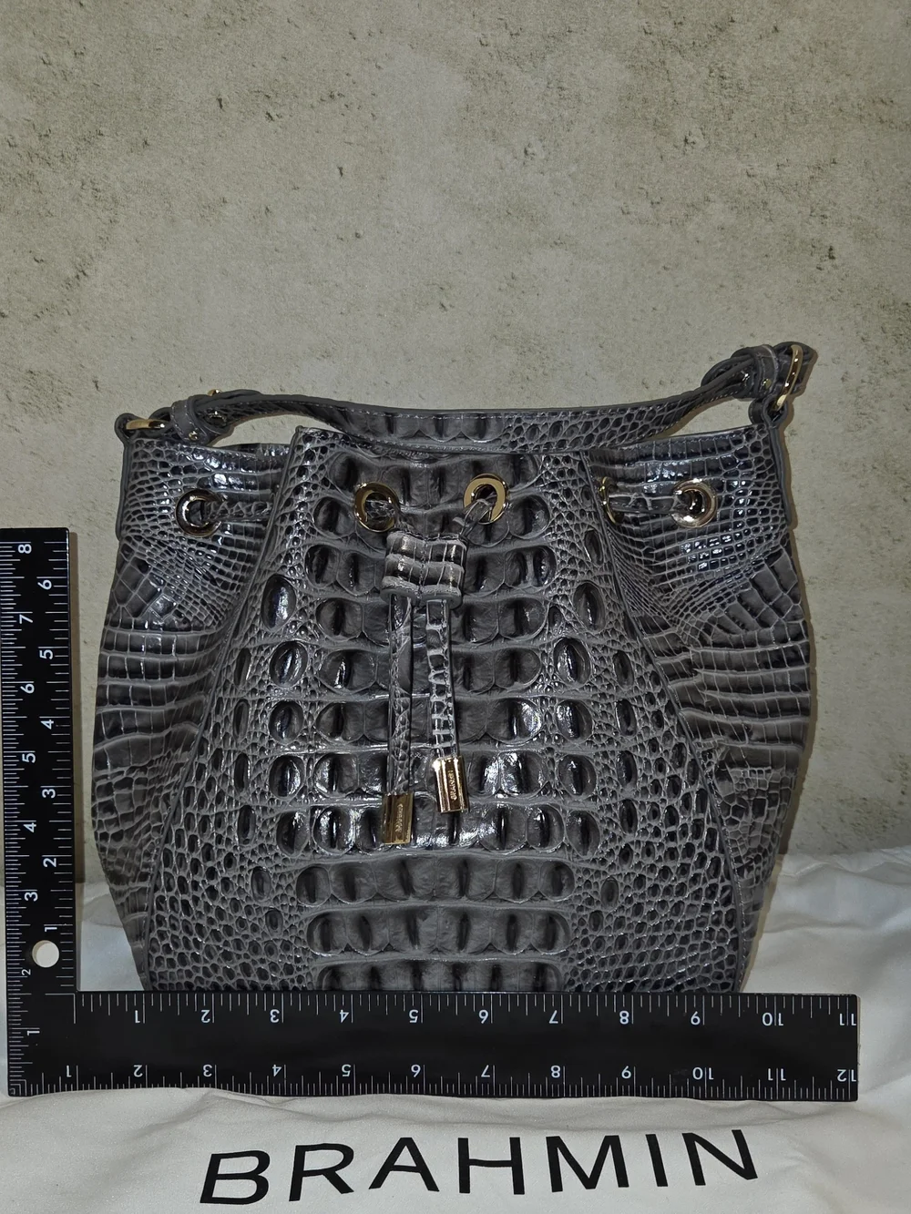 Brahmin Melinda Croc-Embossed Bucket Bag in Grey Plus 2 Additional Accessories - Picture 6 of 9